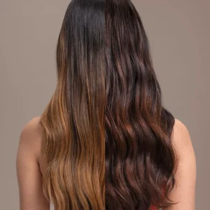 Avant-après soin repigmentant professionnel Wella Color Fresh Warm Brunette sur cheveux longs bruns – reflets chauds sublimés