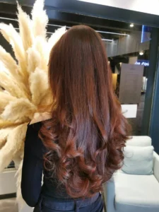 Cheveux longs et lumineux après une coloration végétale bio réalisée à Lille.