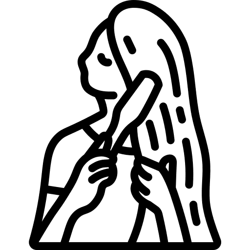 Icône femme brossant ses longs cheveux, routine de coiffage et démêlage