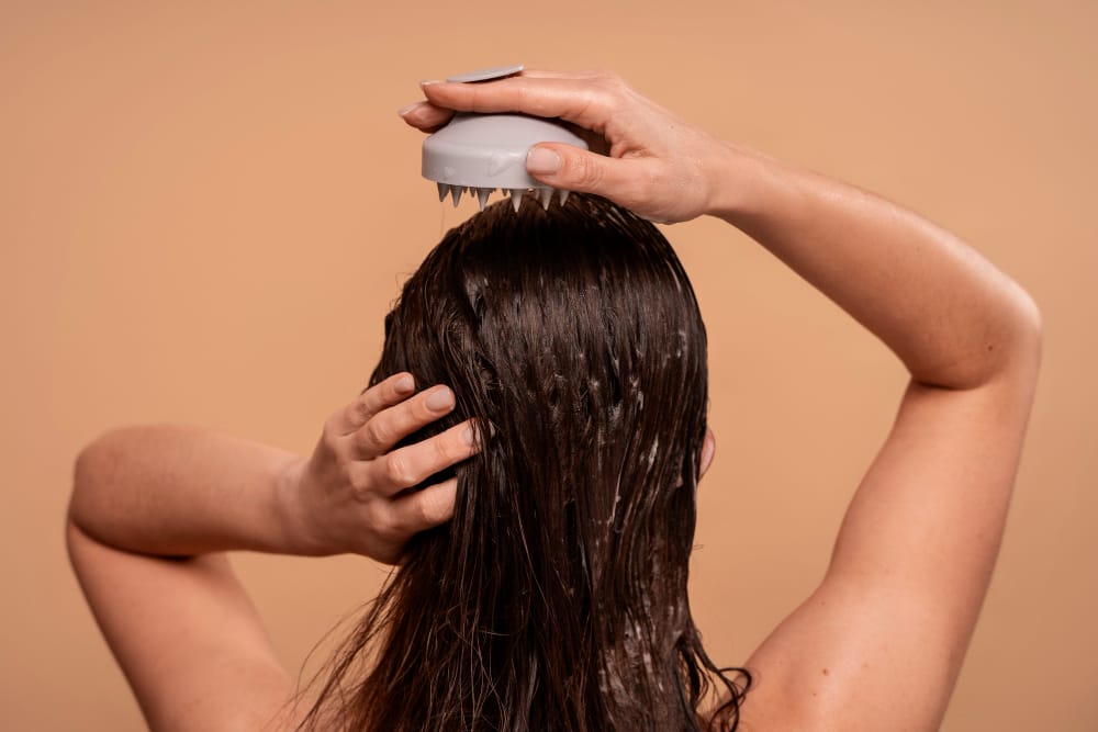 femme sui applique un shampoing à usage fréquent